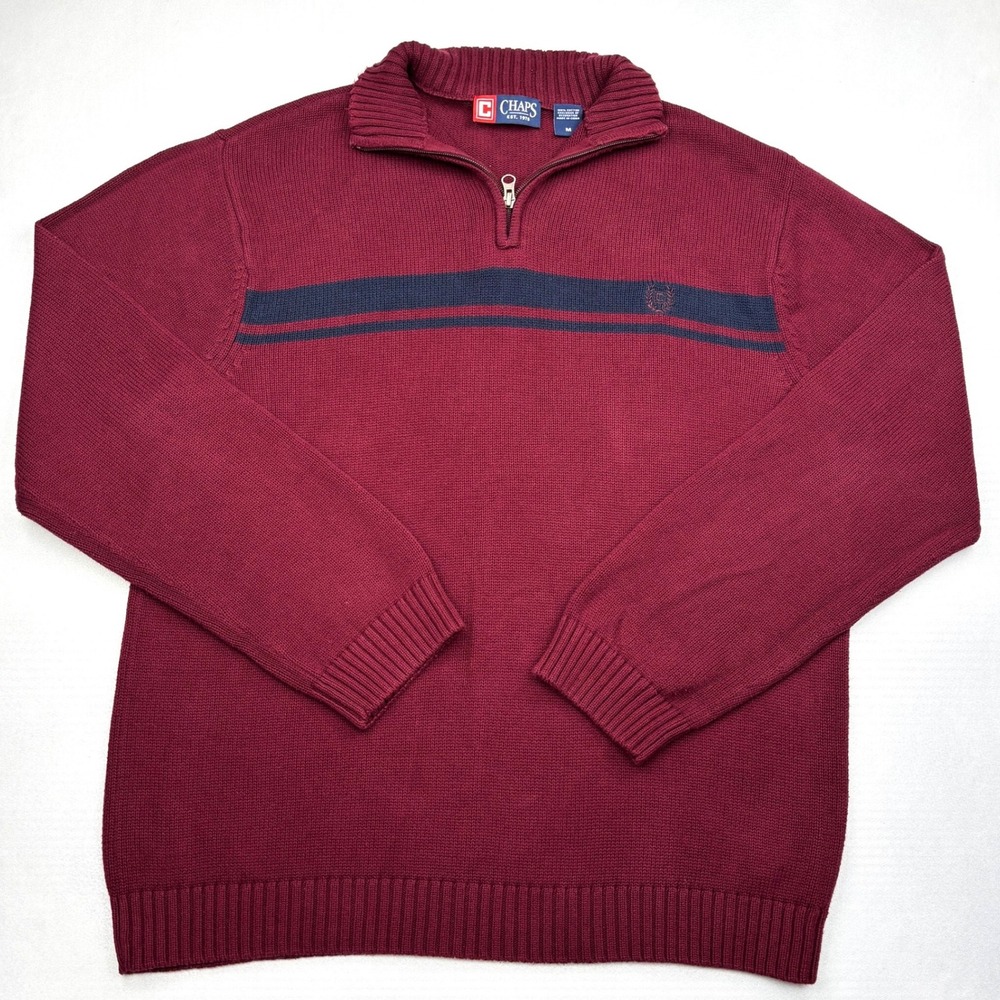 Chaps Sweater Mens Medium Maroon Burgundy Navy Striped 100 Cotton Quarter Zip